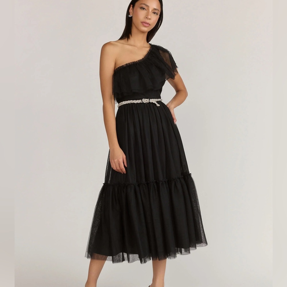 New York & Company Black One-Shoulder Dress with Belt